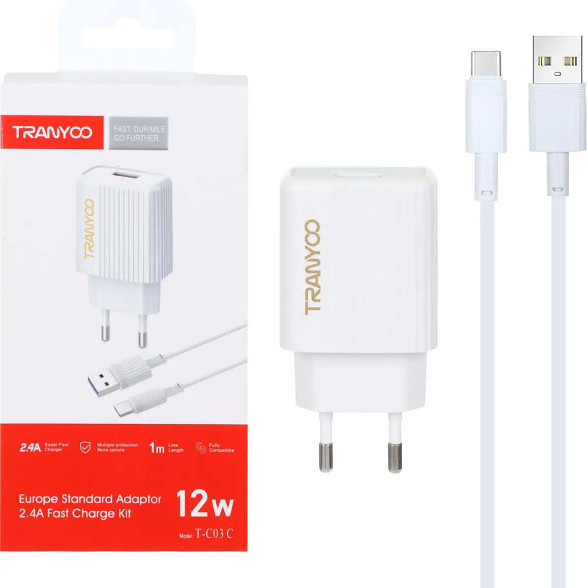 شارژر دیواری 12W USB ترانیو مدل C03C با کابل Type-c