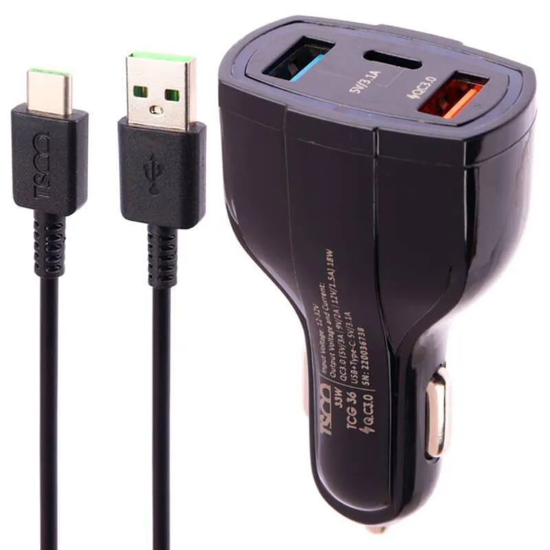 شارژر فندکی تسکو مدل TCG 36 3A QC3.0 PD 33W به همراه کابل Type-C