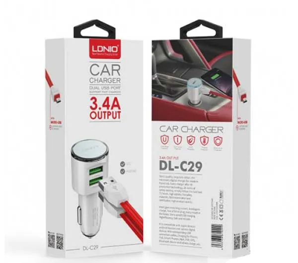 شارژر فندکی الدینیو مدل DL-C29 به همراه کابل تبدیل microUSB