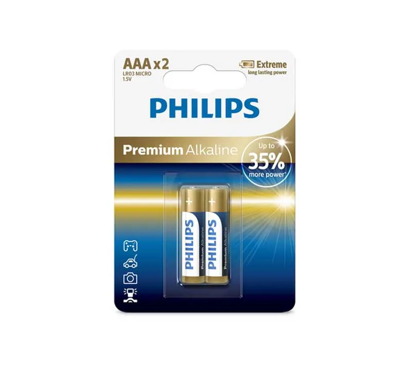 باتری نیم قلمی فیلیپس مدل Premium Alkaline LR03M2B/97 بسته 2 عددی