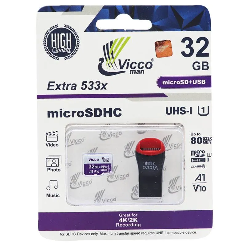 کارت حافظه microSDHC ویکومن مدل 533X کلاس 10 استاندارد UHS-I U1 سرعت 80MBps ظرفیت 32 گیگابایت به همراه کارت ریدر