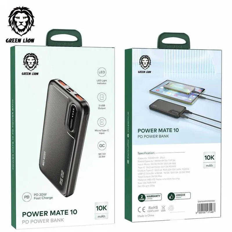 شارژر همراه گرین لاین مدل  Power mate 10 PD ظرفیت 10000میلی آمپرساعت
