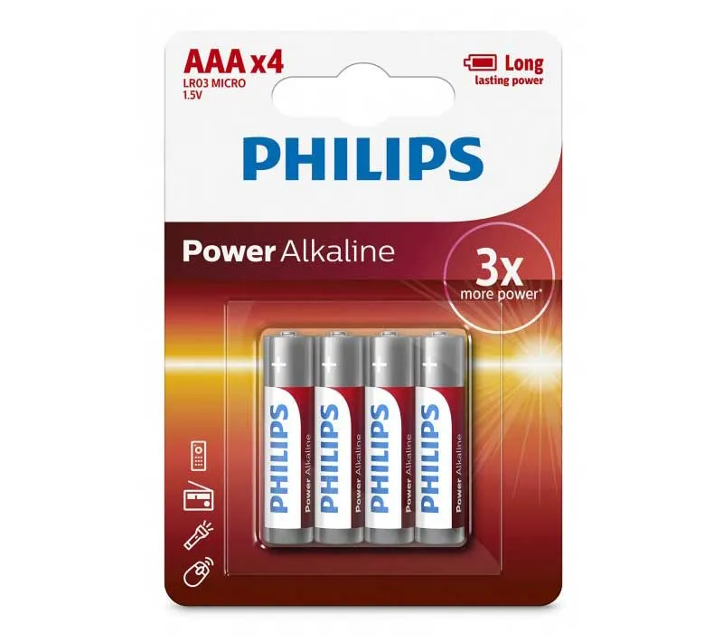 باتری نیم قلمی فیلیپس مدل Power Alkaline LR03P4B/97 بسته 4 عددی