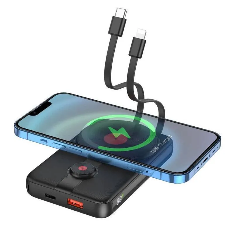 شارژر همراه گرین لاین مدل Magsafe PD 20W ظرفیت 10000 میلی‌آمپر ساعت با دو کابل سرخود
