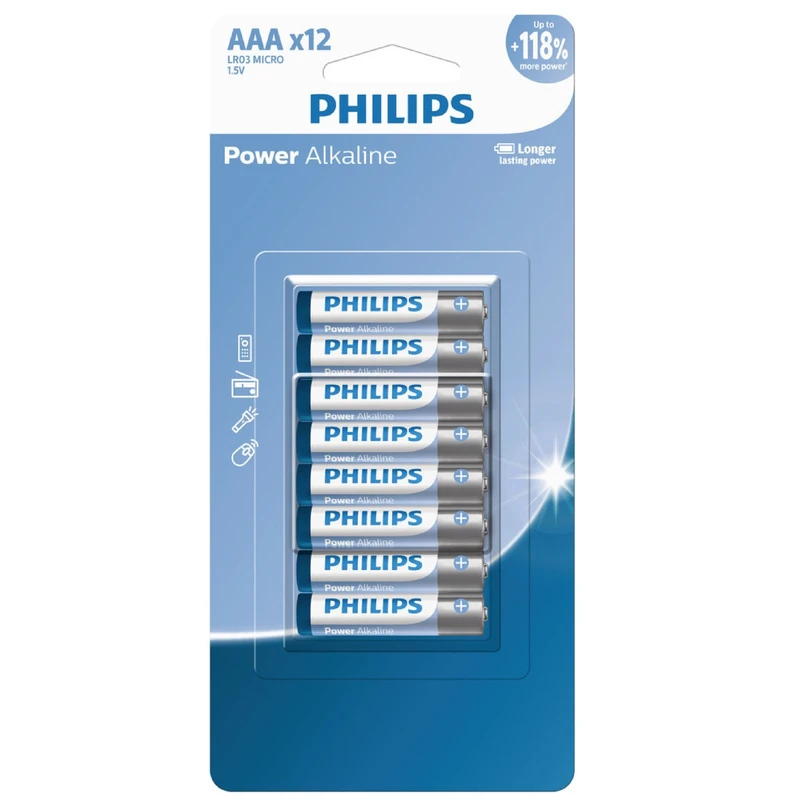 باتری نیم قلمی فیلیپس مدل Power Alkaline LR03P12B/40 بسته 12 عددی