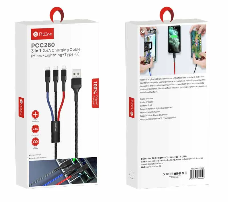 کابل تبدیل USB به MicroUSB/Lightining/Type-C پرووان مدل PCC280 طول 1 متر