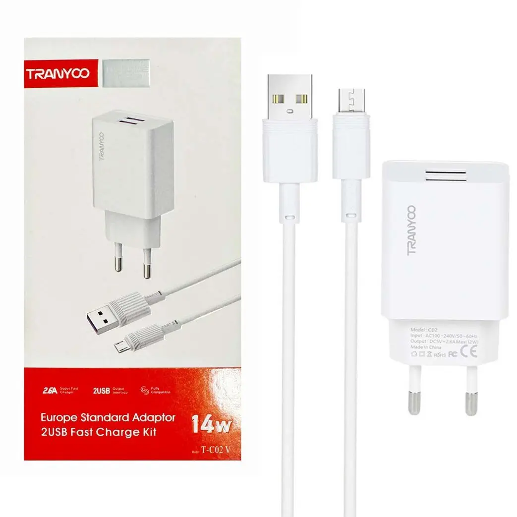  شارژر دیواری 14W USB ترانیو مدل C02 V8 با کابل میکرو