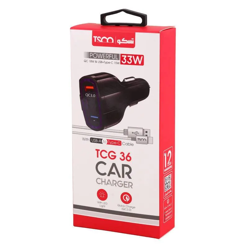 شارژر فندکی تسکو مدل TCG 36 3A QC3.0 PD 33W به همراه کابل Type-C