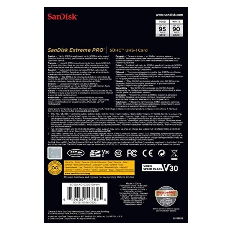 کارت حافظه SDHC سن دیسک مدل Extreme PRO V30 کلاس 10 استاندارد UHS-I سرعت 95MBps ظرفیت 32 گیگابایت