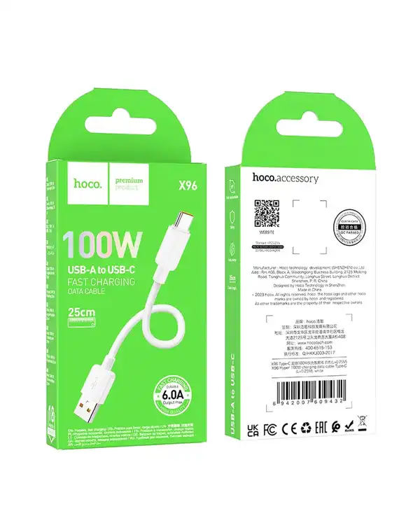 کابل تبدیل USB به USB-C هوکو مدل X96 100W طول 25 سانتی متر