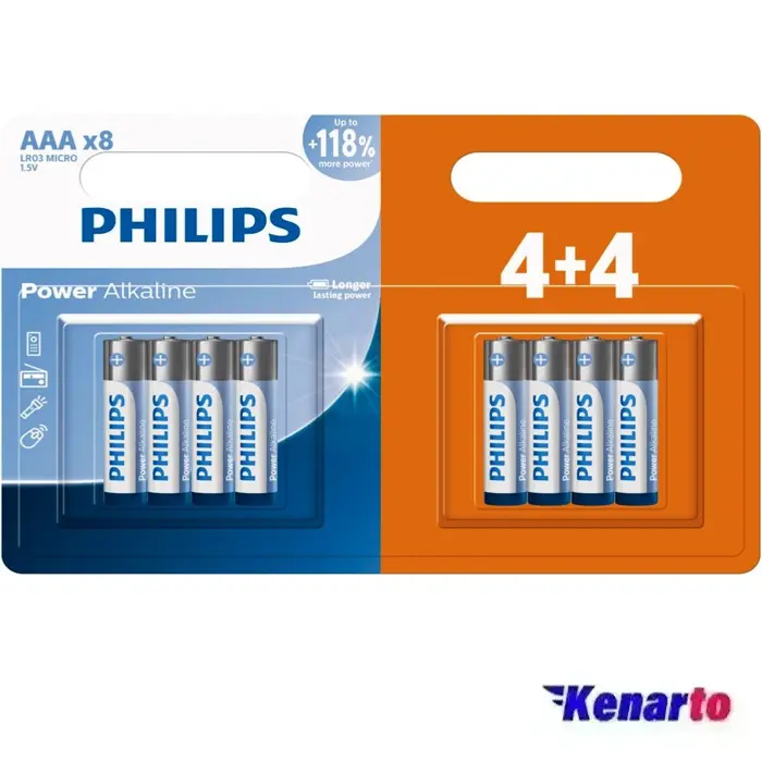 باتری نیم قلمی فیلیپس مدل Power Alkaline LR03P8BP/40 بسته 8 عددی