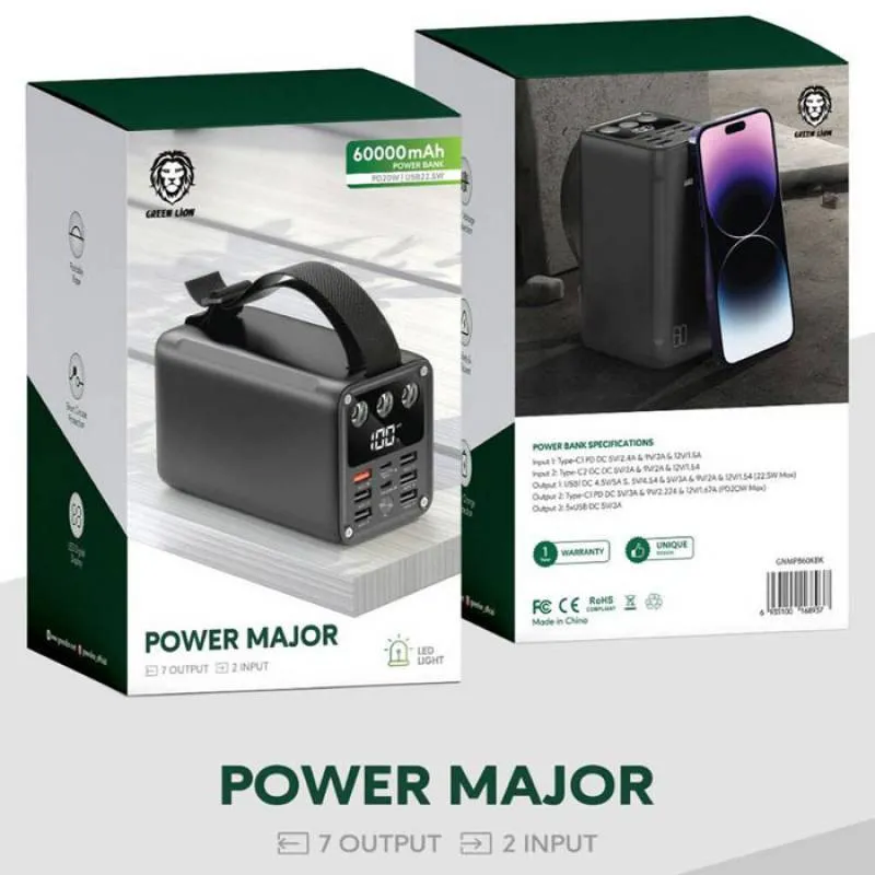 پاوربانک گرین لاین مدل Power Major GNMPB60KBK 22.5W ظرفیت 60000 میلی آمپر ساعت