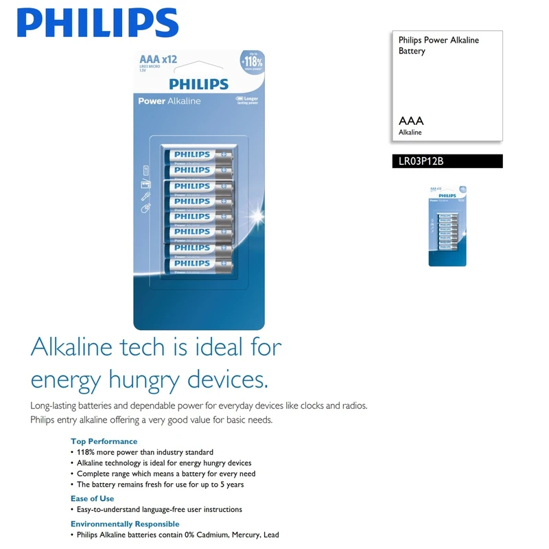 باتری نیم قلمی فیلیپس مدل Power Alkaline LR03P12B/40 بسته 12 عددی