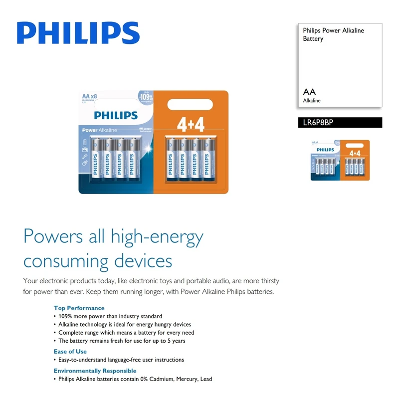 باتری قلمی فیلیپس مدل Power Alkaline LR03P8BP/40 بسته 8 عددی