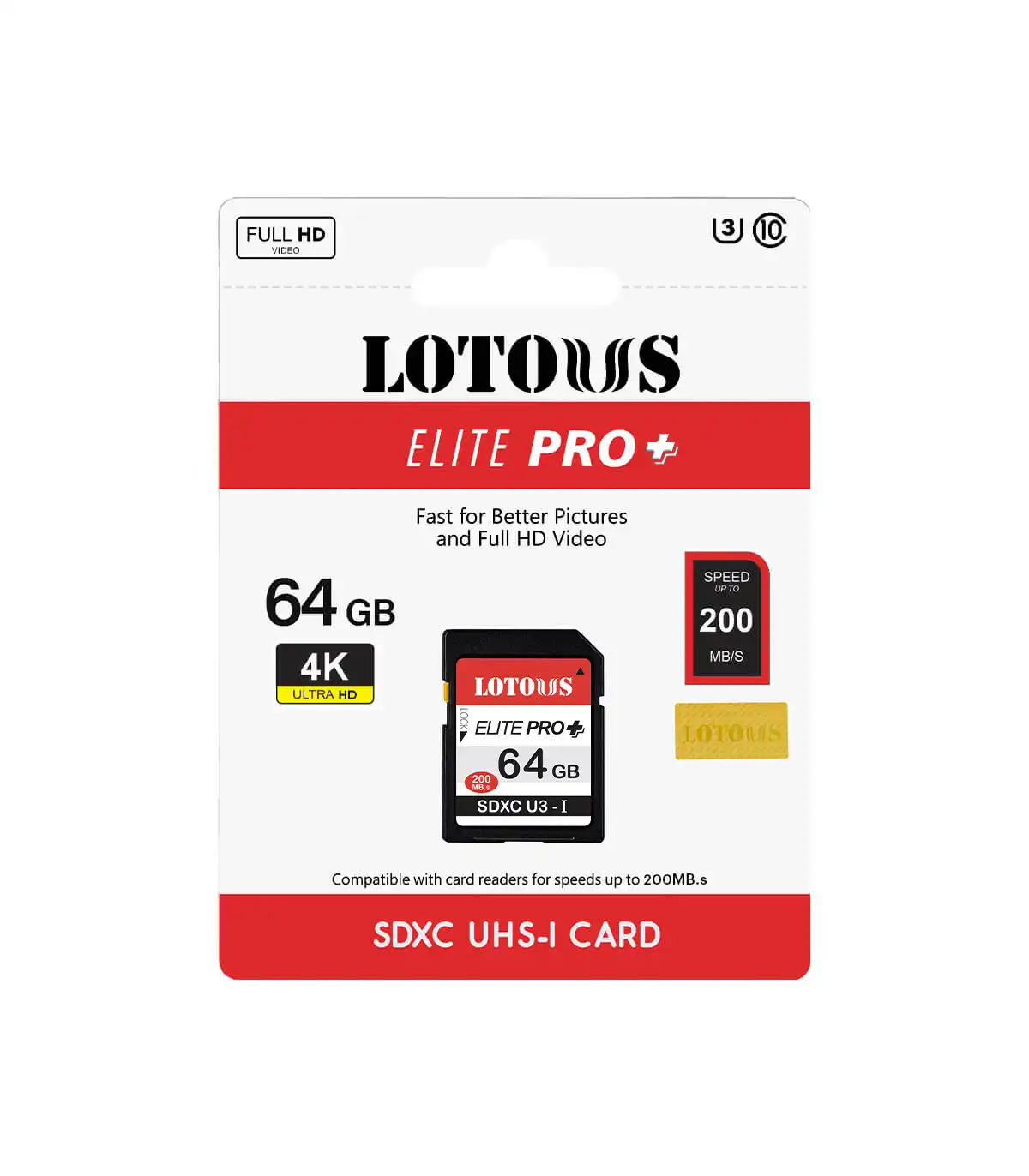  کارت حافظه SDXC لوتوس مدل 4K Elite PRO PLUS UHS-I کلاس 10 استاندارد UHS-I U3 سرعت 200MBs ظرفیت 64 گیگابایت