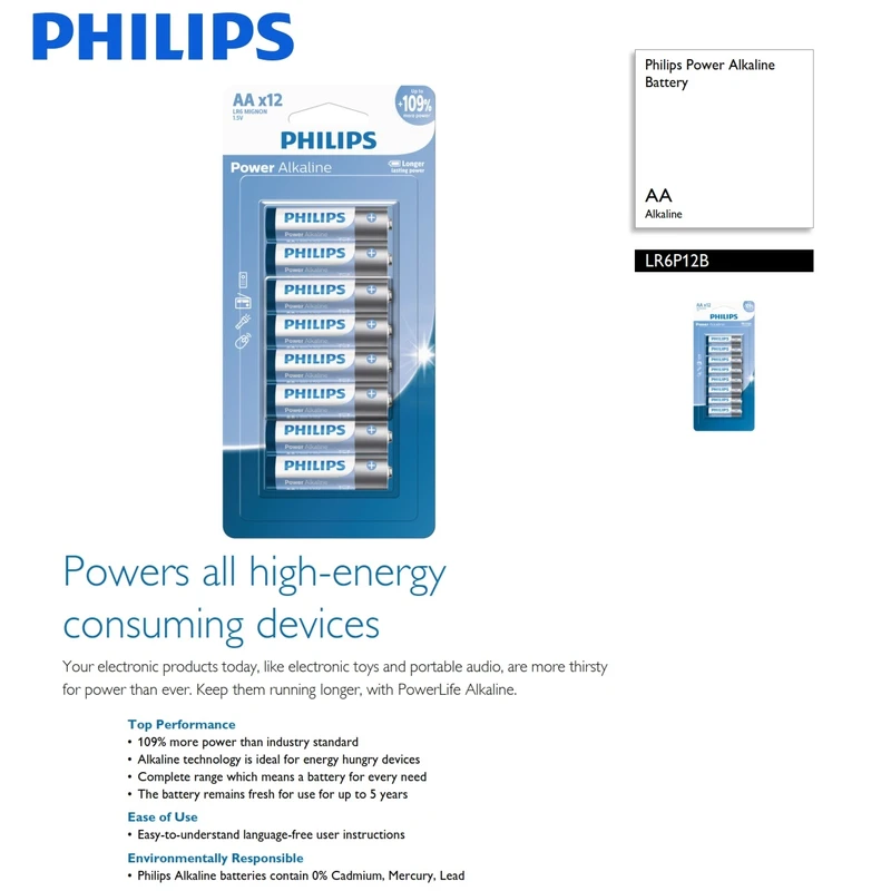 باتری قلمی فیلیپس مدل Power Alkaline LR6P128/40 بسته 12 عددی
