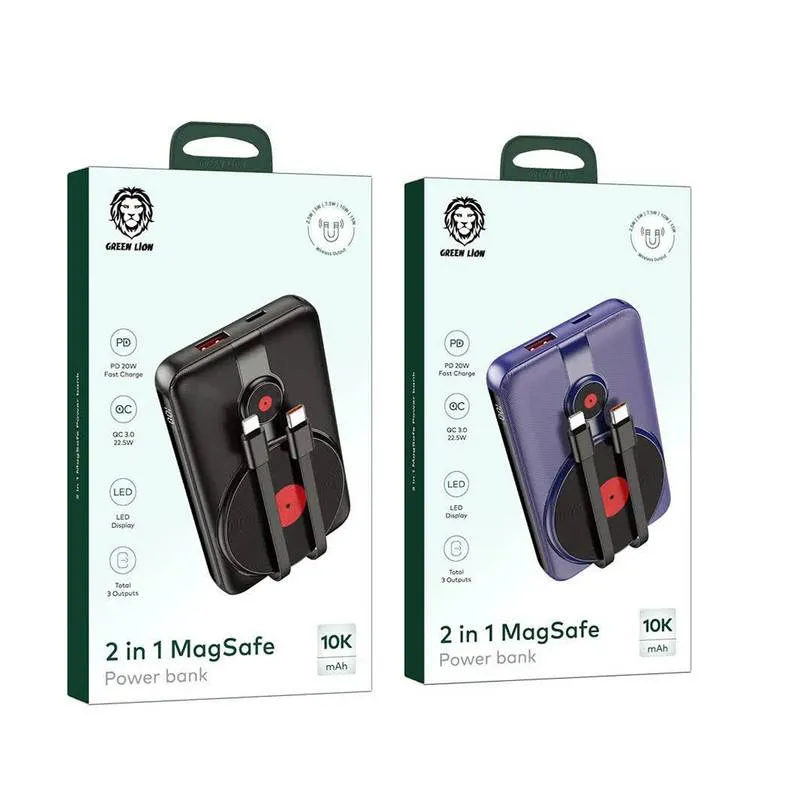 شارژر همراه گرین لاین مدل Magsafe PD 20W ظرفیت 10000 میلی‌آمپر ساعت با دو کابل سرخود