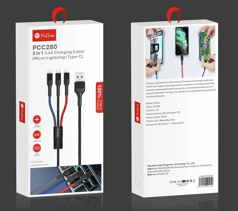 کابل تبدیل USB به MicroUSB/Lightining/Type-C پرووان مدل PCC280 طول 1 متر