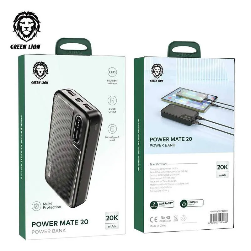 شارژر همراه گرین لاین مدل power mate 20 ظرفیت 20000 میلی آمپرساعت