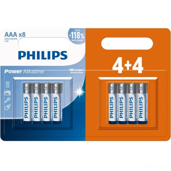 باتری نیم قلمی فیلیپس مدل Power Alkaline LR03P8BP/40 بسته 8 عددی