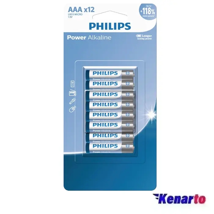 باتری نیم قلمی فیلیپس مدل Power Alkaline LR03P12B/40 بسته 12 عددی
