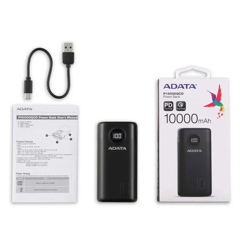 شارژر همراه ای دیتا مدل P10000QCD QC3 PD ظرفیت 10000 میلی آمپر ساعت